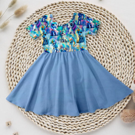 Mädchen Drehkleid kleine Ponys blauer Rock French Terry – Handmade by Kati