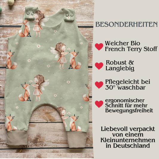 Fee Fuchs Baby Strampler Vorderansicht – handgemacht Geschenk Geburt Mädchen