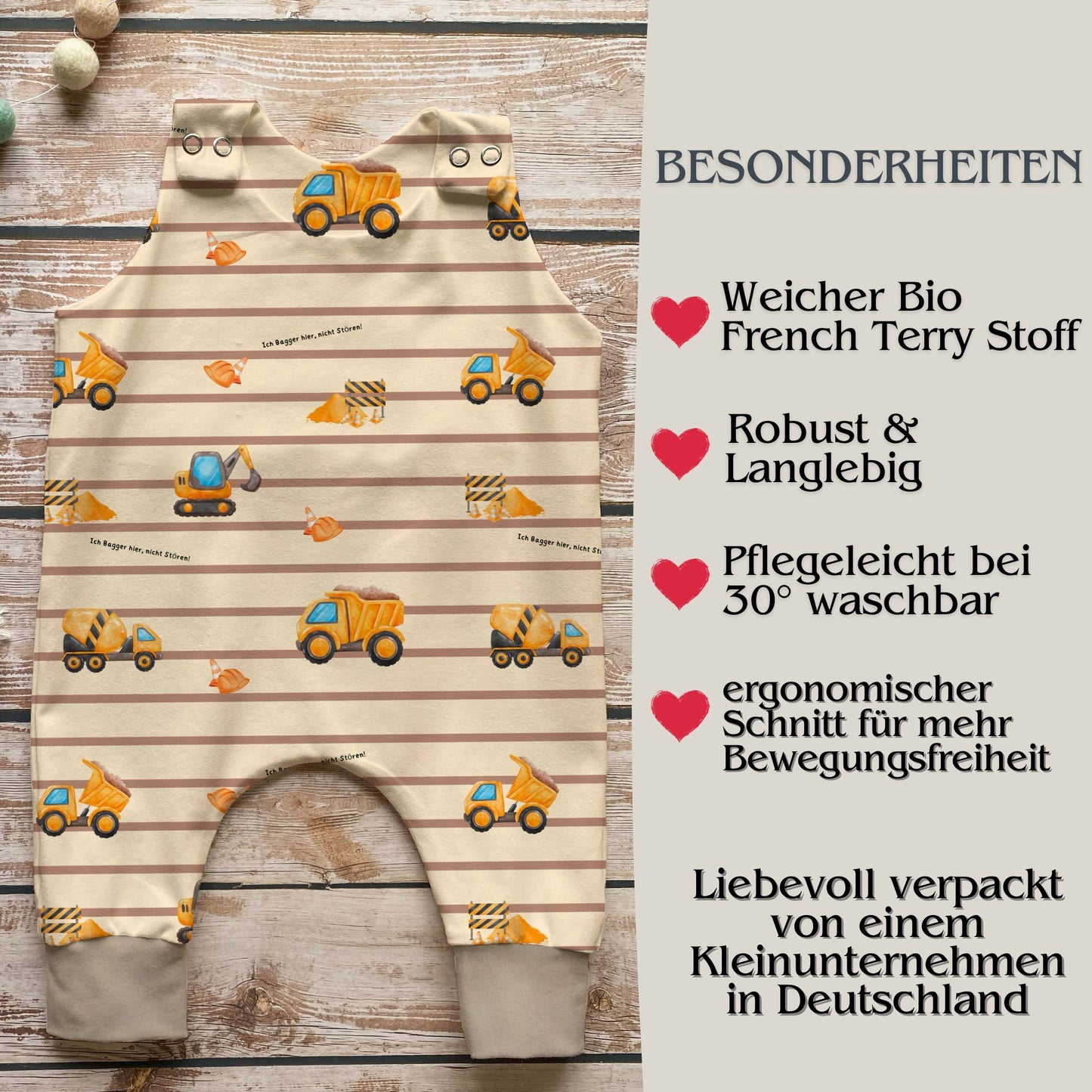 Bagger Baby Strampler Vorderansicht – handgemacht Geschenk Geburt Jungen