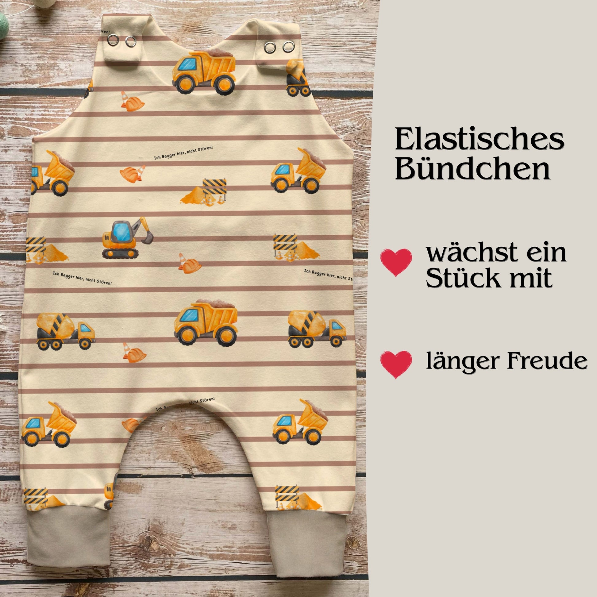 Baby Strampler Bagger Rückenansicht – handgemacht French Terry Babykleidung