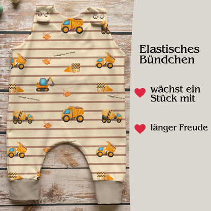 Baby Strampler Bagger Rückenansicht – handgemacht French Terry Babykleidung