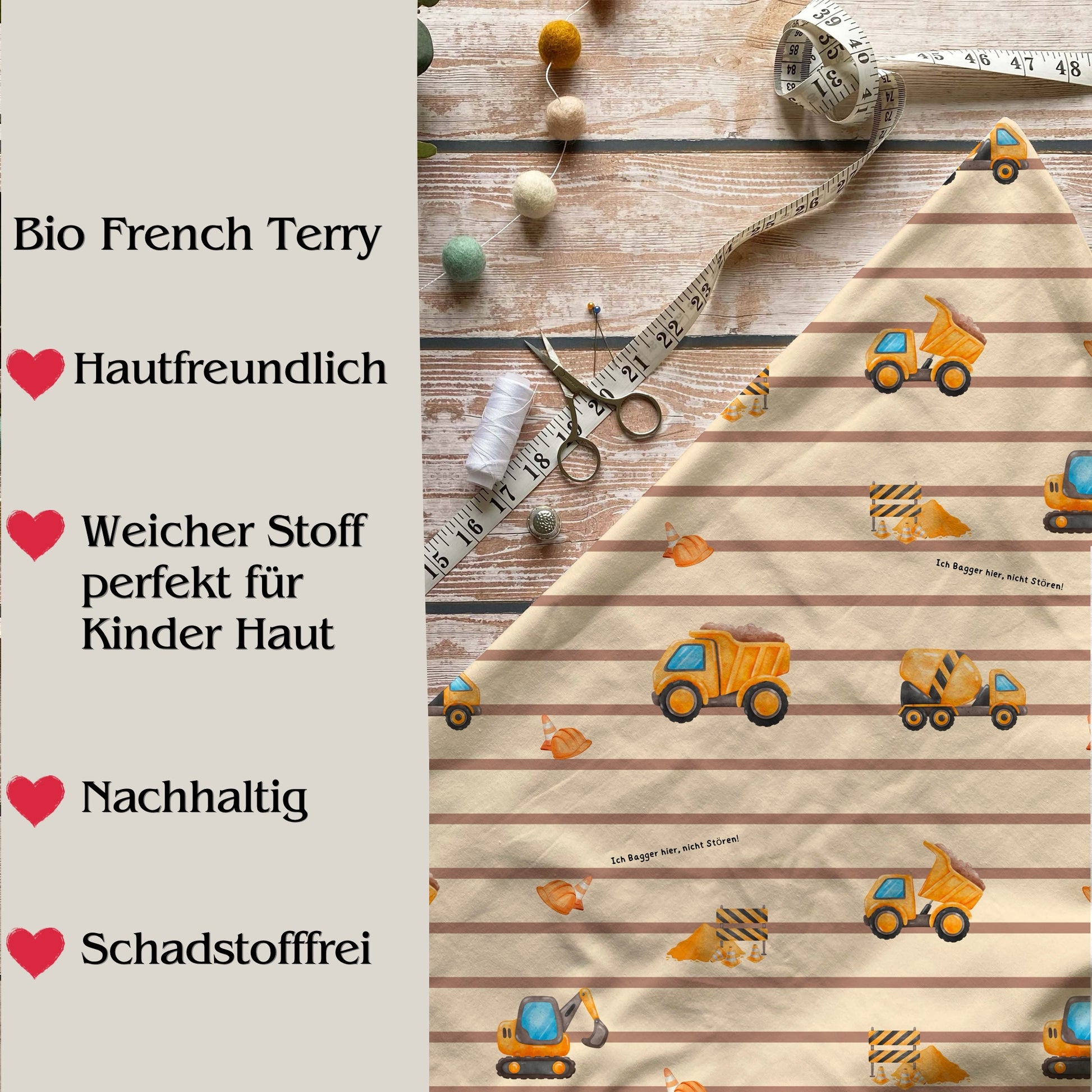 Baby Strampler Bagger Detailaufnahme – French Terry handgemacht personalisierbar