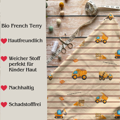 Baby Strampler Bagger Detailaufnahme – French Terry handgemacht personalisierbar