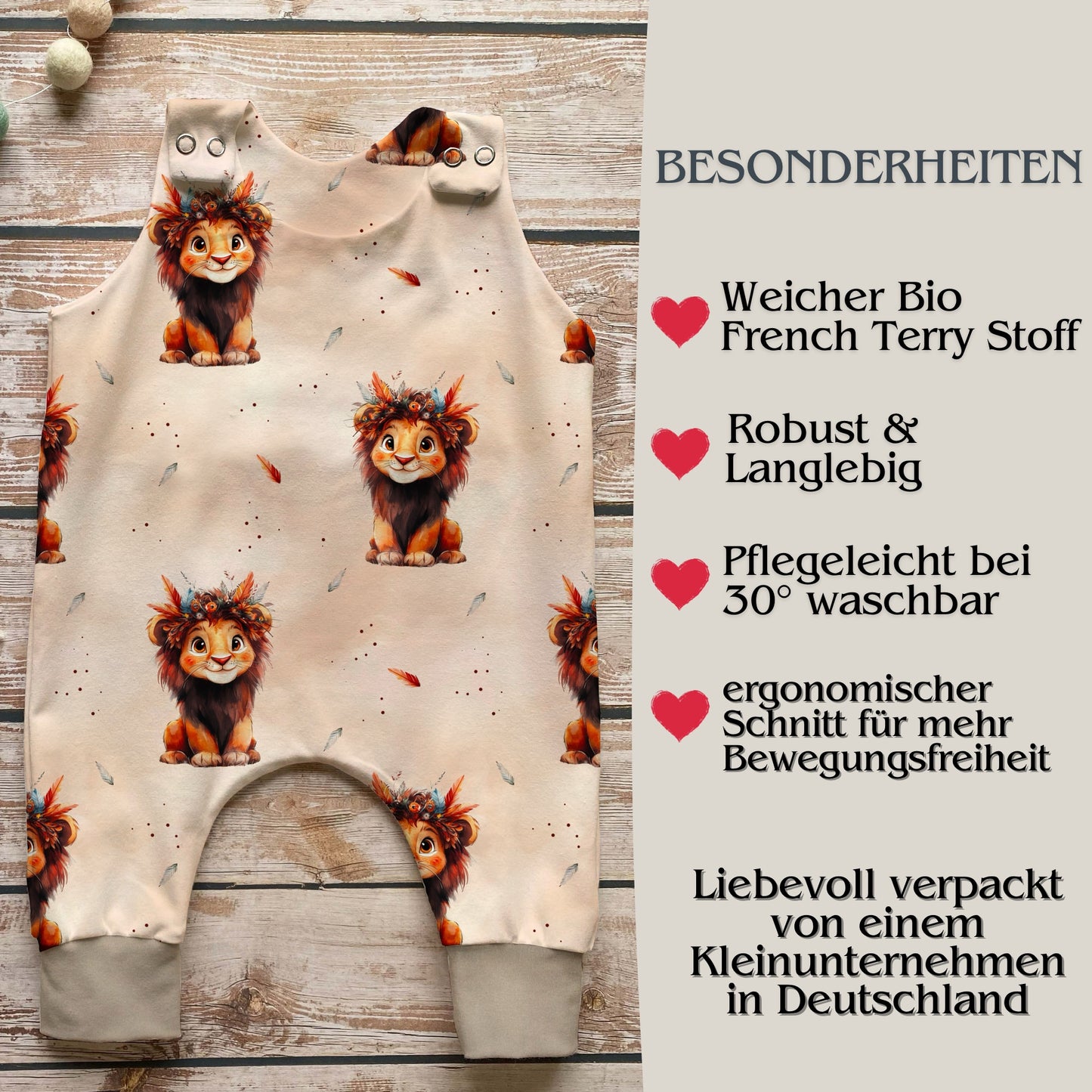 Löwe Babystrampler Druckknöpfe – handgemacht French Terry Neugeborene Jungen