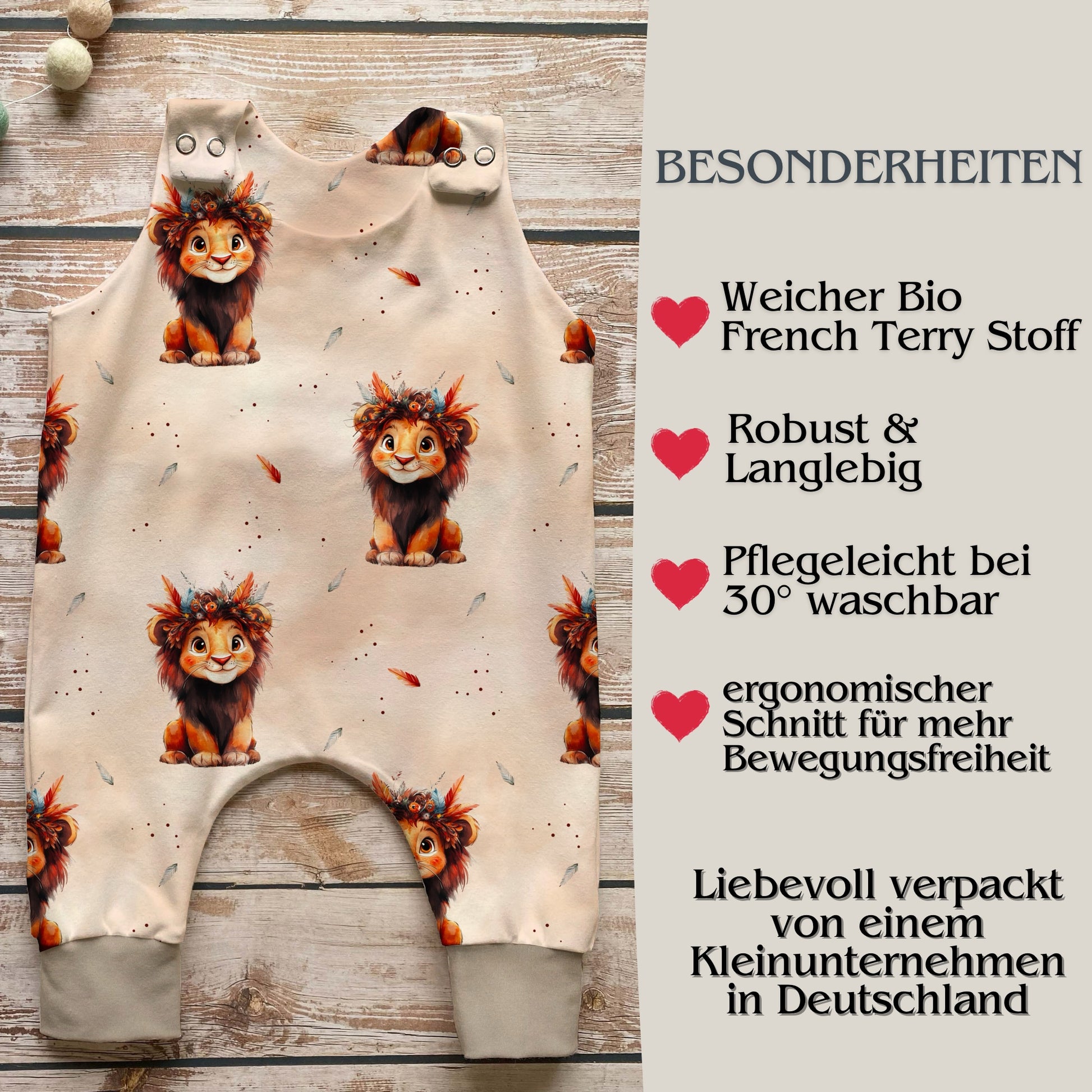 Löwe Babystrampler Druckknöpfe – handgemacht French Terry Neugeborene Jungen