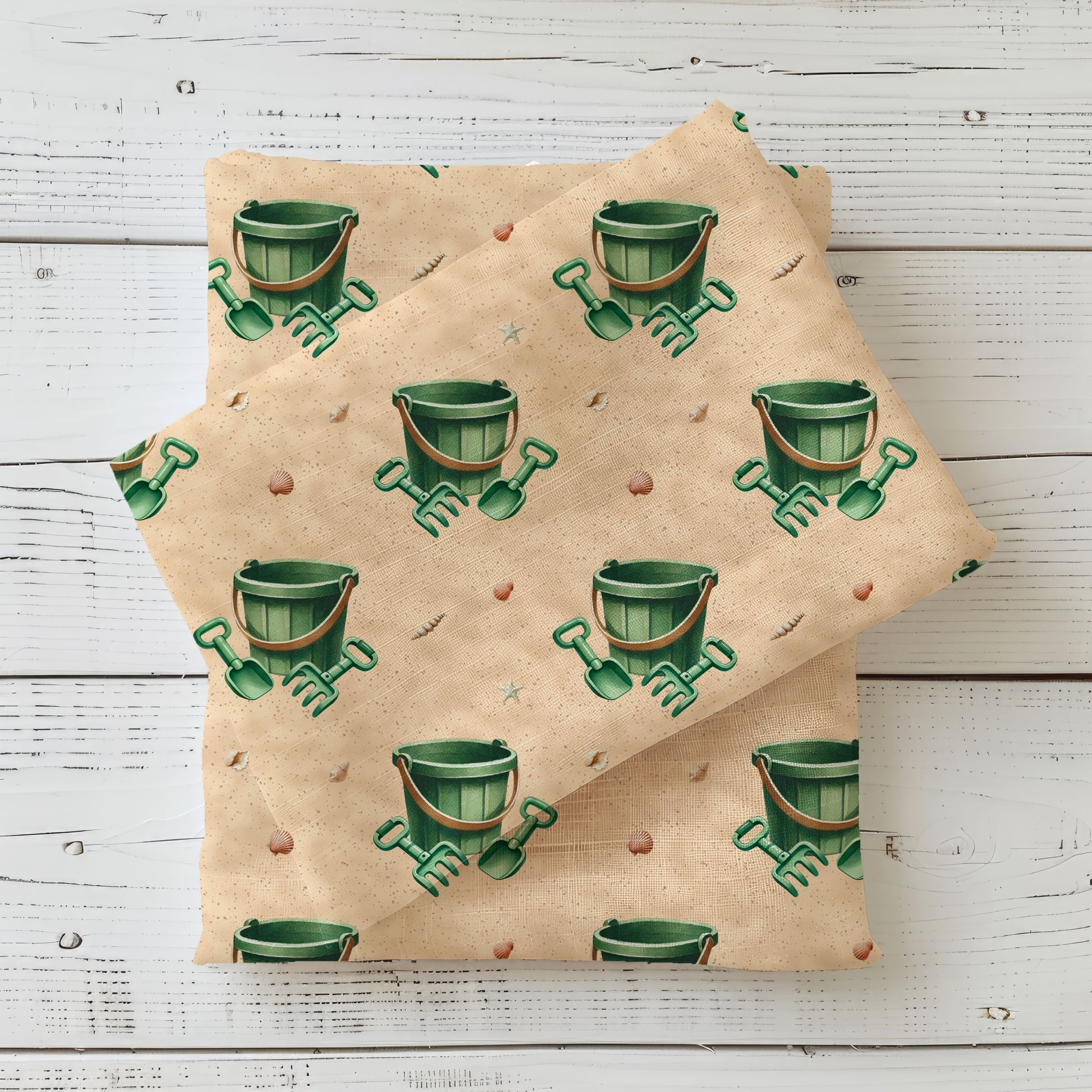 Buddelspaß Kinderstoff French Terry – Bagger Strand Motiv Meterware Jungen