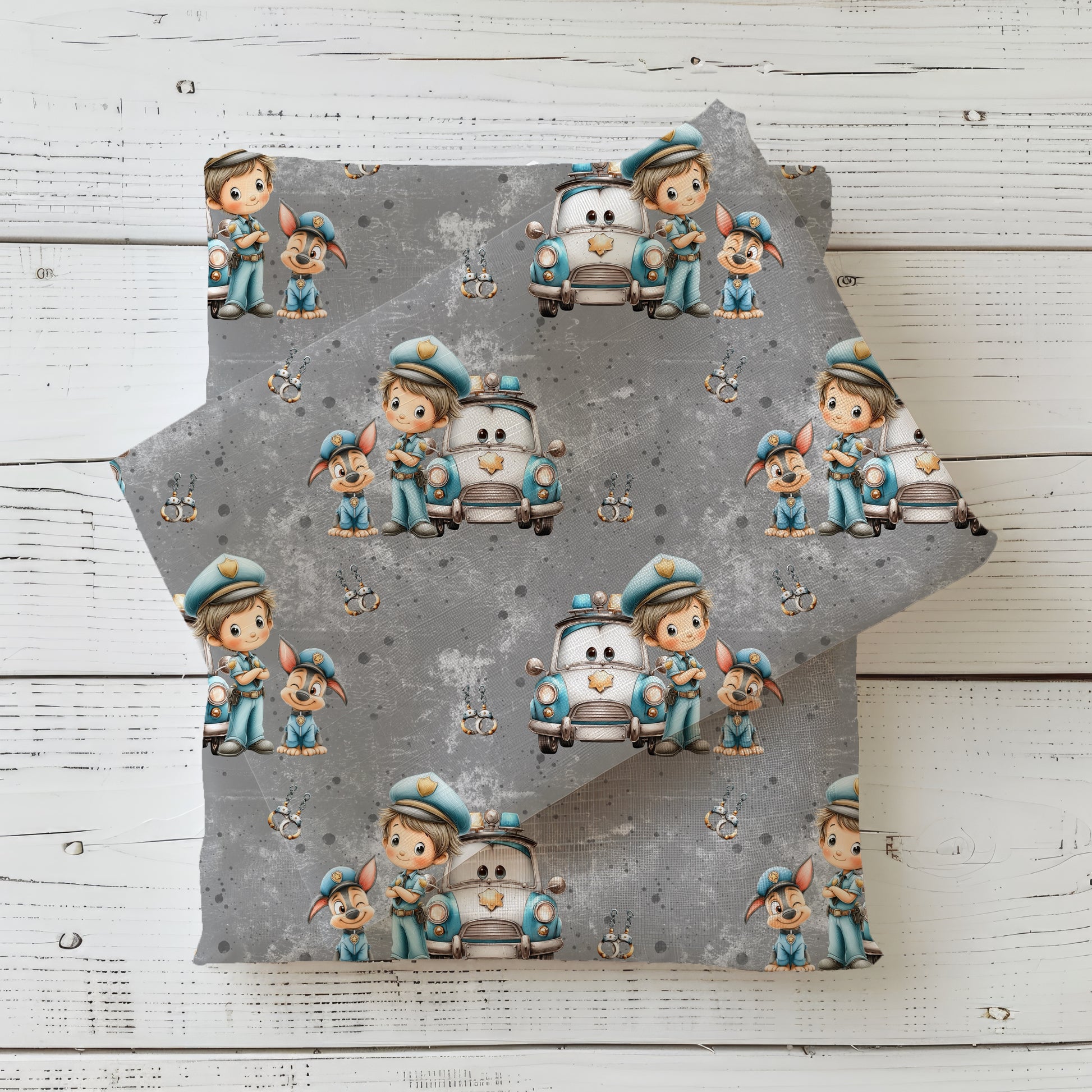 Mini Polizei Stoff Detailaufnahme – Kinderstoff Polizei Jersey Meterware