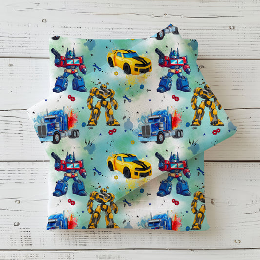 RobotCars" in Green | Car Robot Softshell Fabric by the Meter | Water-Repellent Children's Fabric