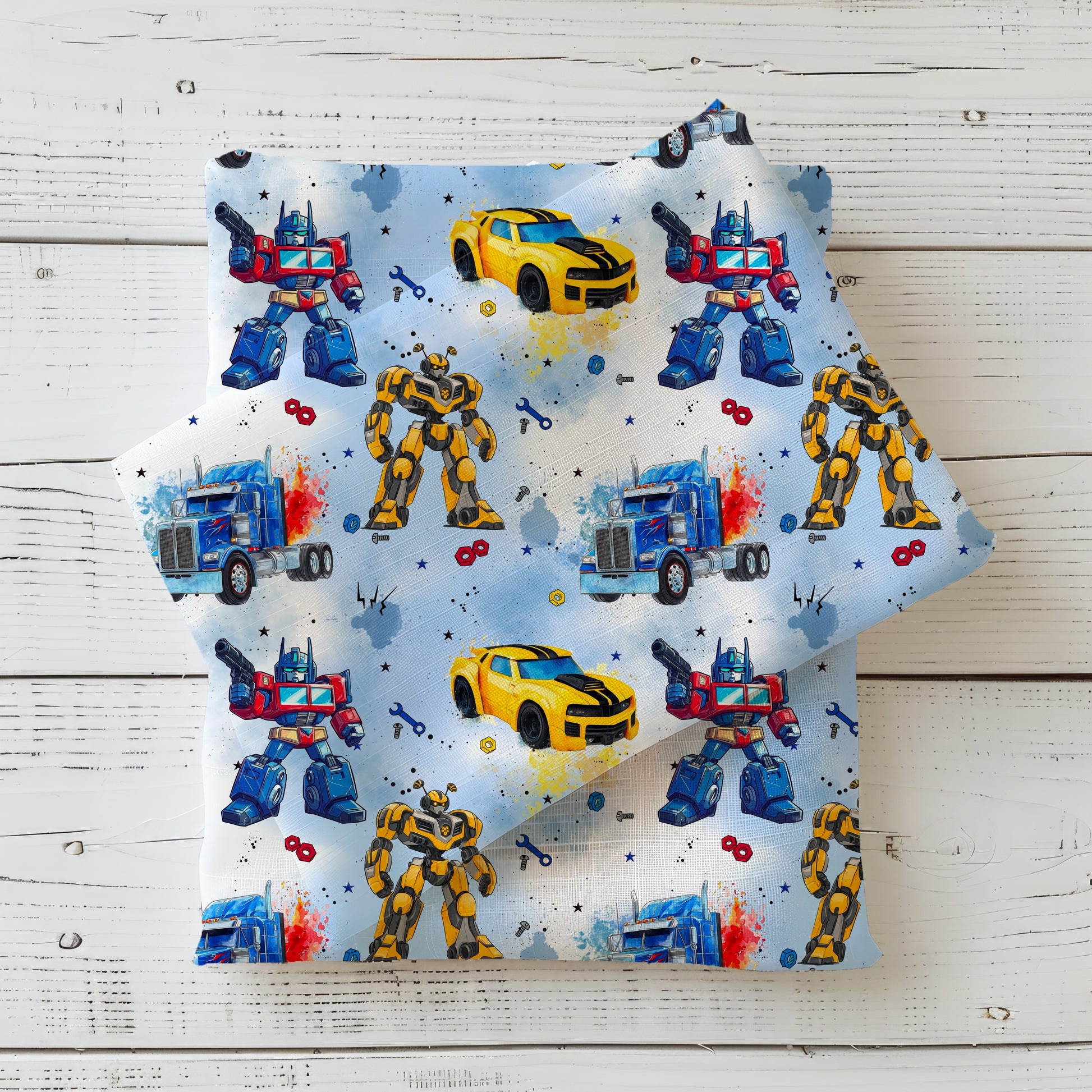 RobotCars blau Kinderstoff French Terry – Roboter Auto Meterware Jungen