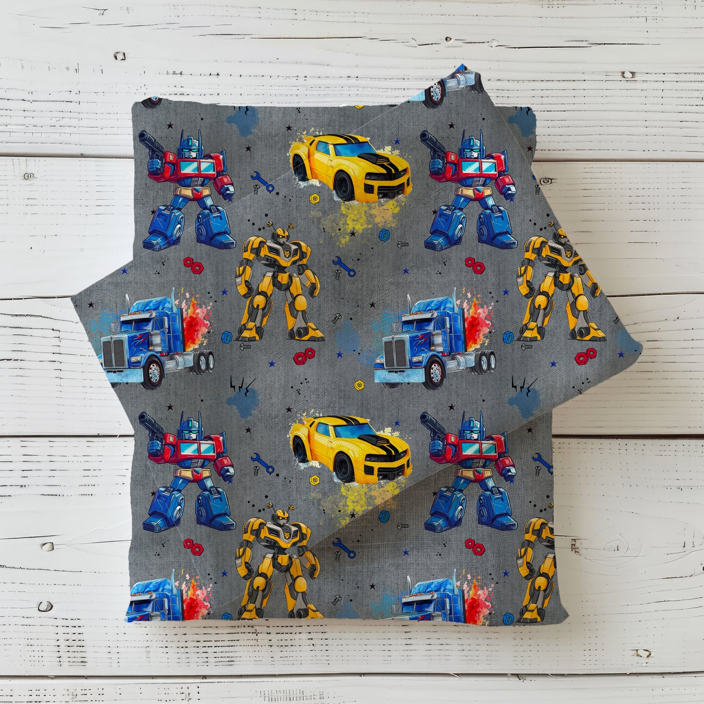 RobotCars Denim grau Kinderstoff French Terry – Roboter Auto Meterware Jungen