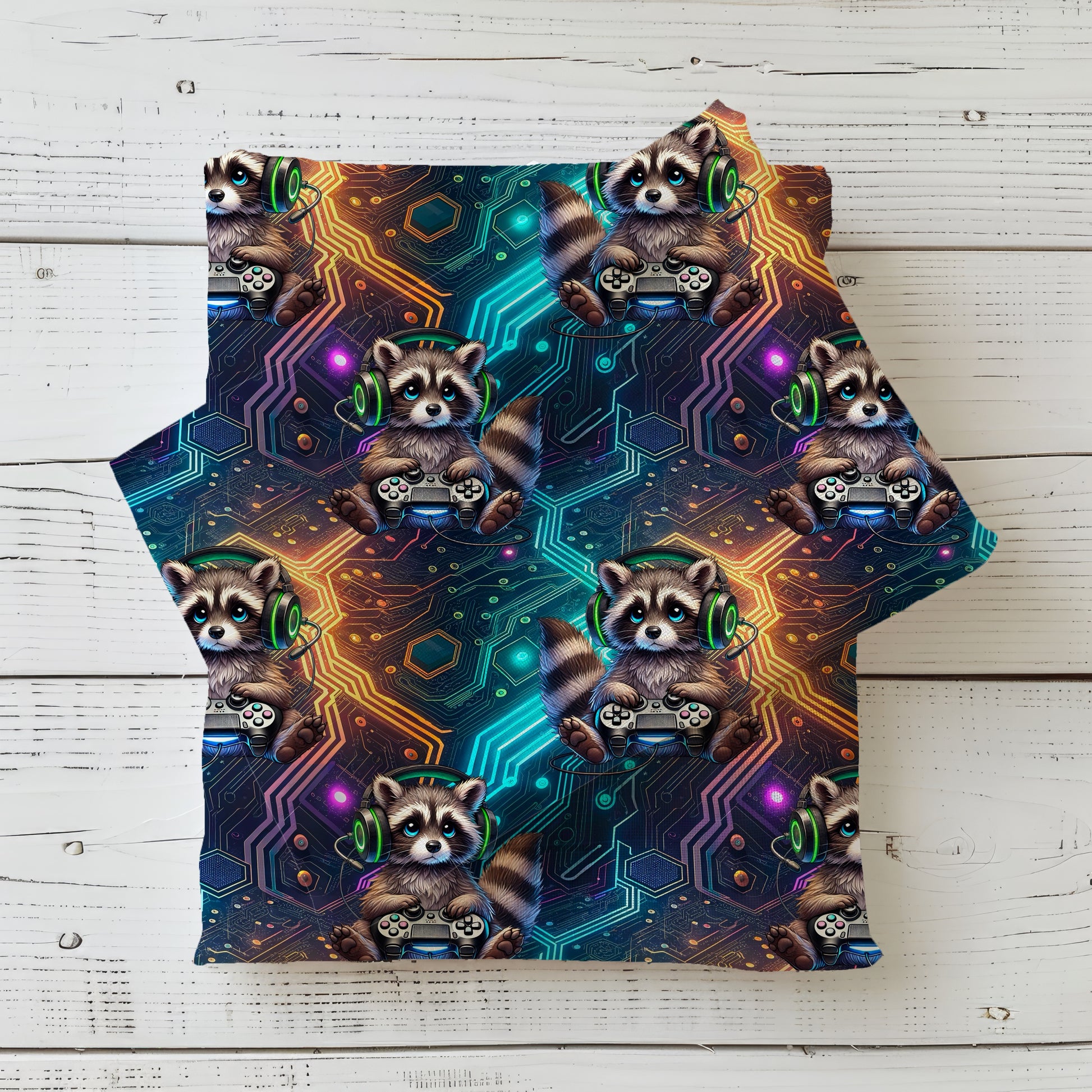 Gamer Waschbär Stoff Detailaufnahme – Gaming Kinderstoff Jersey Meterware