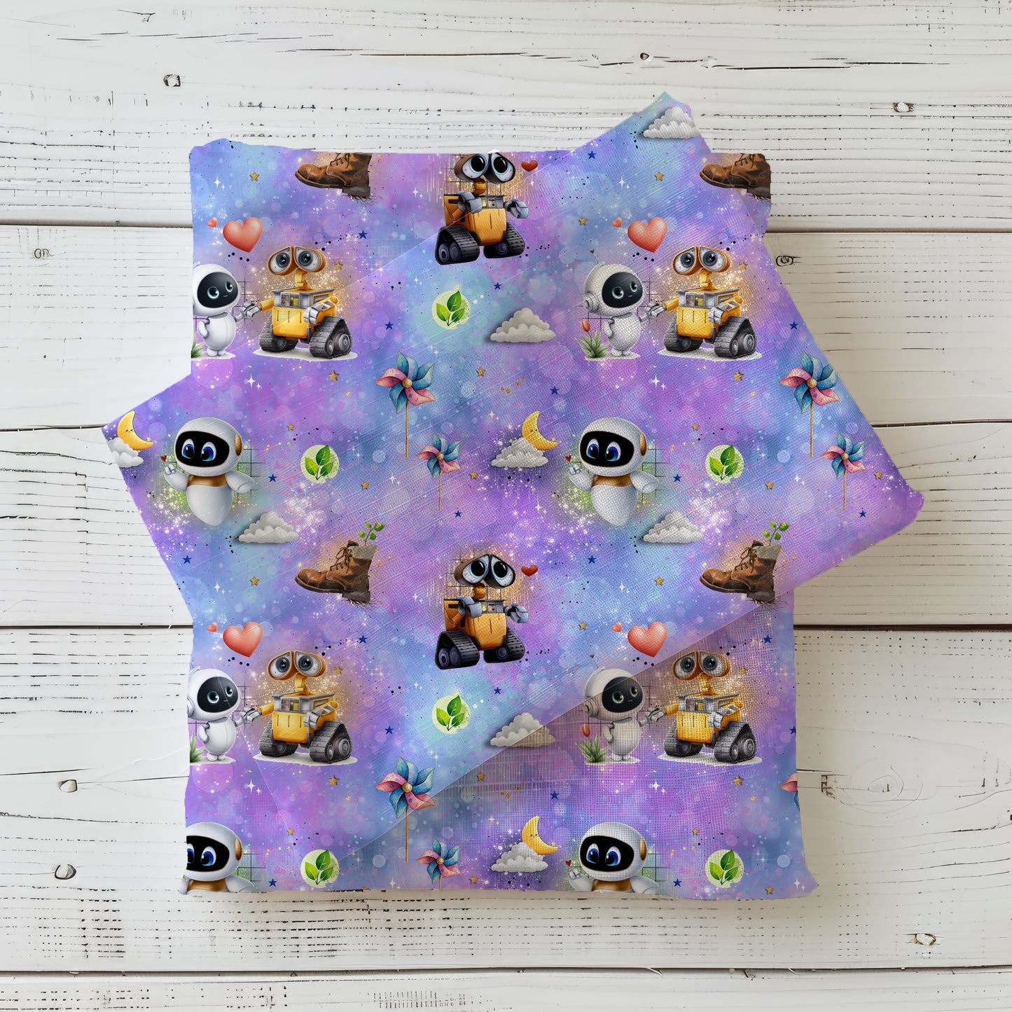 Love in Space Lila | Robot Fabric by the Meter | Children's Fabric