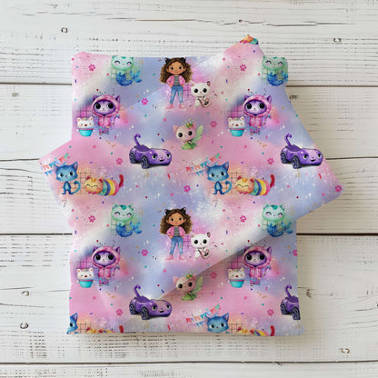 Candy Dream Katzenhaus Kinderstoff French Terry – Comic Motiv Meterware