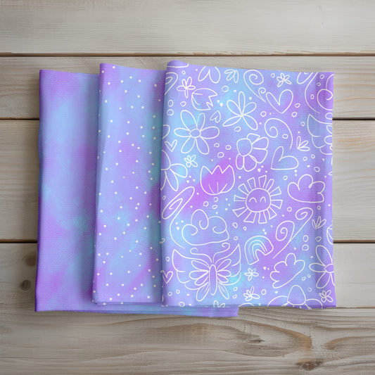 Zauberland Lila – Schnubbirella | Stoffpaket 3-teilig | Doodle, Punkte & Uni