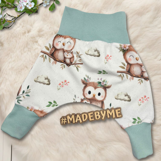 Handmade harem pants "Owl" in white - mint
