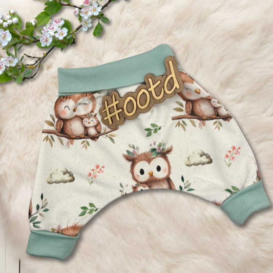 Handmade harem pants "Owl" in white - mint