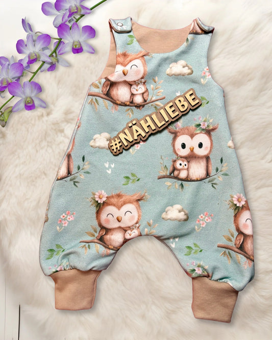 Baby Strampler Eule mint handgemacht French Terry – Babykleidung Handmade by Kati