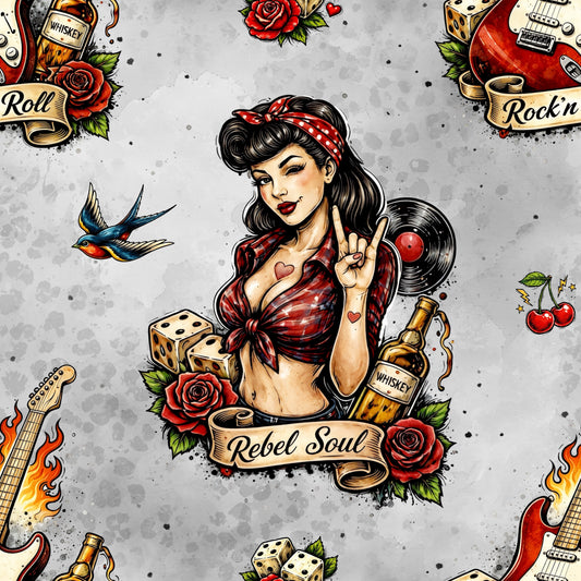 Rockabilly Queen | Pin-Up Girl Softshell Fabric by the Meter | Water-Repellent Children's Fabric