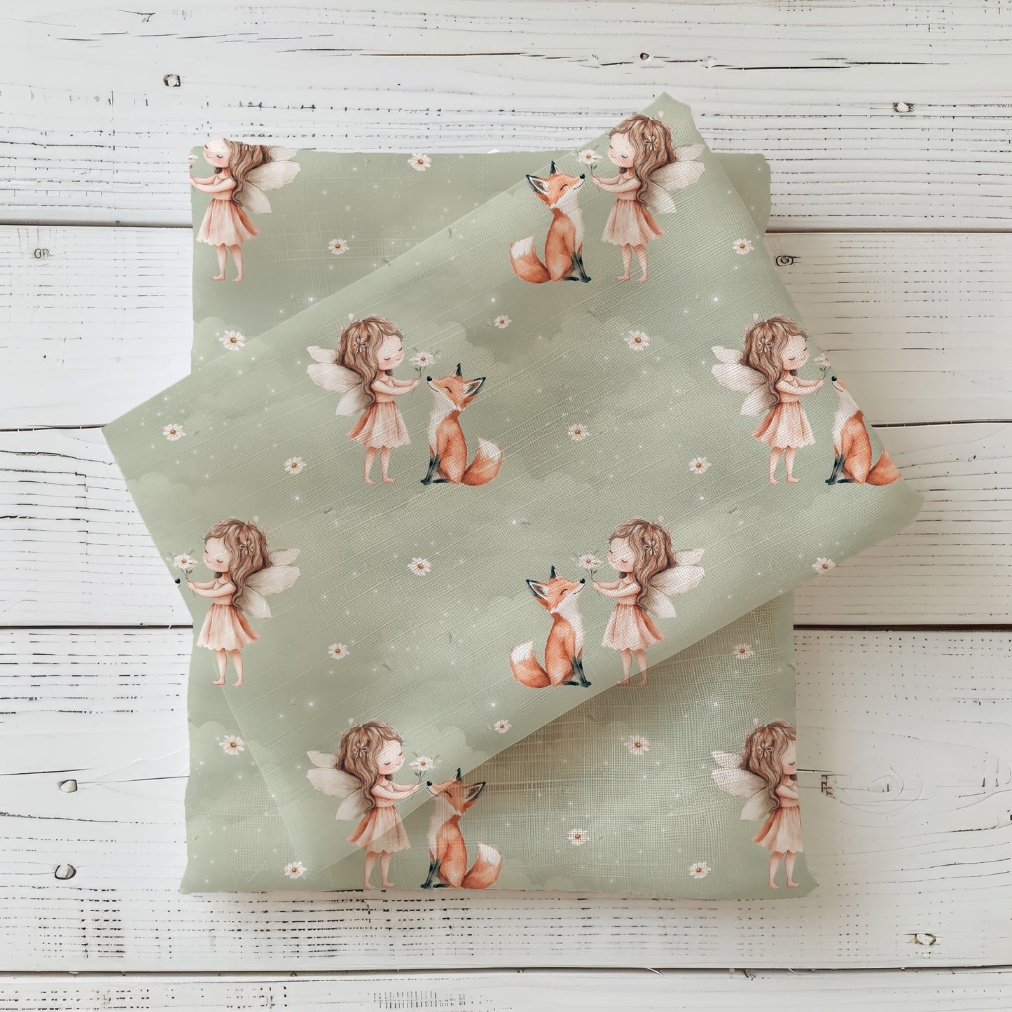 Waldfee Kinderstoff Detailaufnahme – Fee Fuchs Stoff Meterware salbei