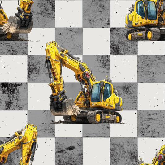 Excavator Vehicle Check | Vehicle Fabric by the Meter | Children's Fabric