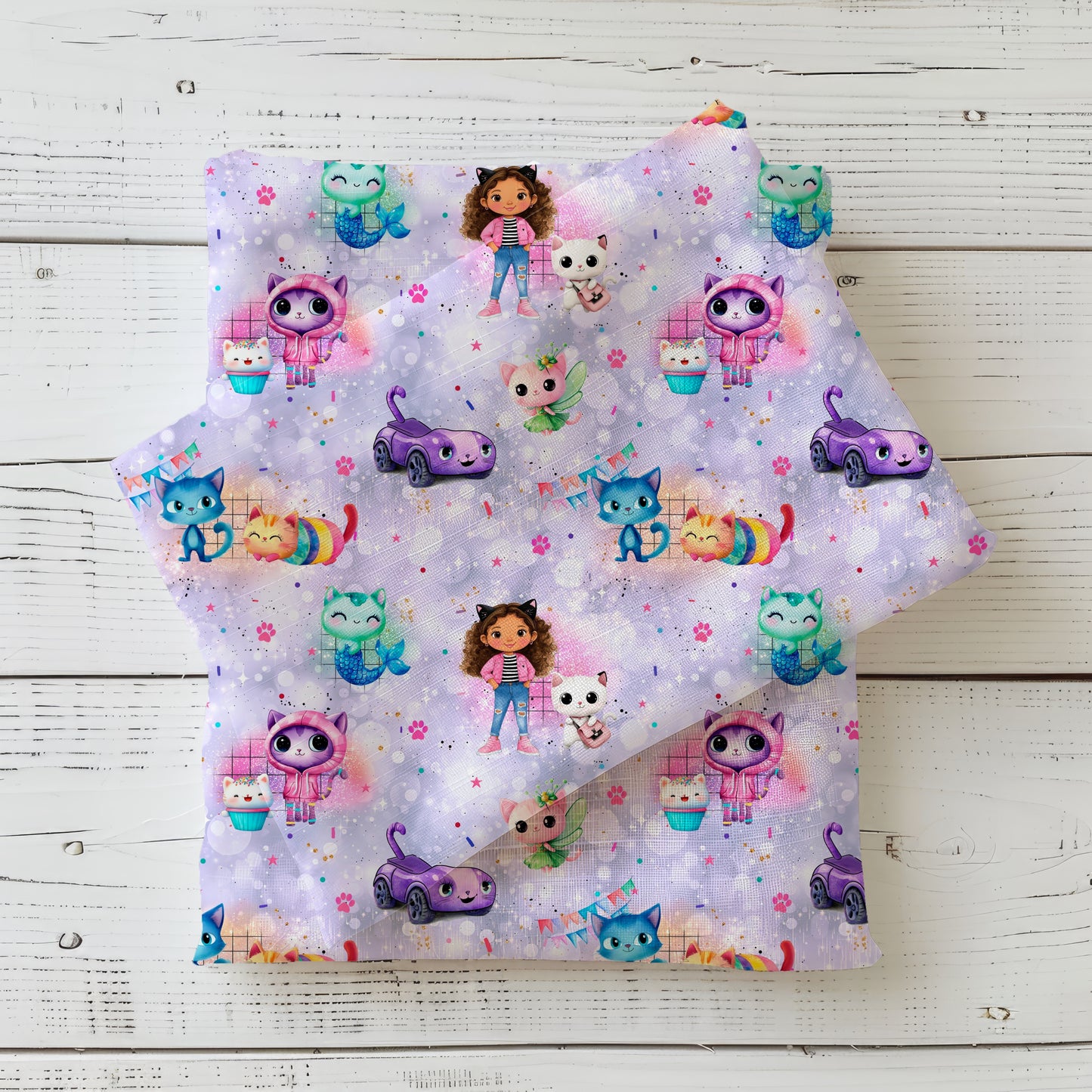 Lavendel Bubble Katzenhaus Stoff Detailaufnahme – Comic Kinderstoff Jersey