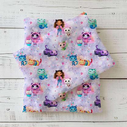 Lavendel Bubble Katzenhaus Stoff Detailaufnahme – Comic Kinderstoff Jersey