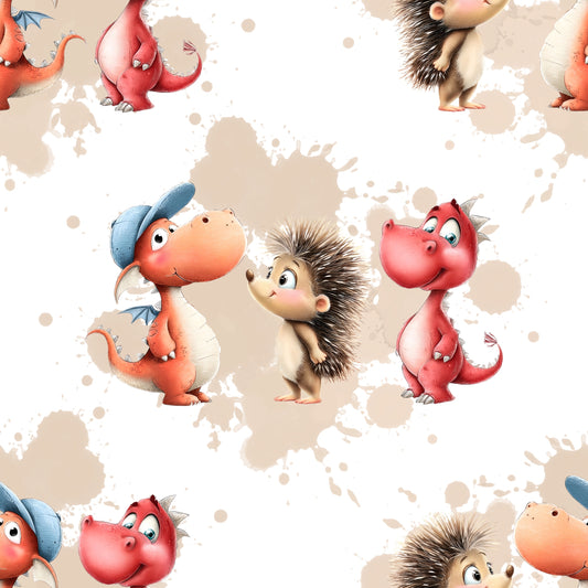 Niedliches-Stoffdesign-mit-roten-Drachen-und-Stachelschwein-Illustration-Aquarell-Stil-weiss