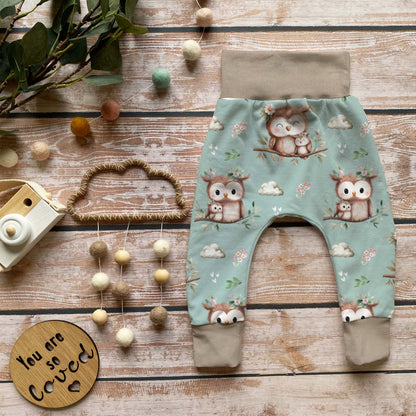 Pumphose Baby Eule mint handgenäht | French Terry Set personalisiert