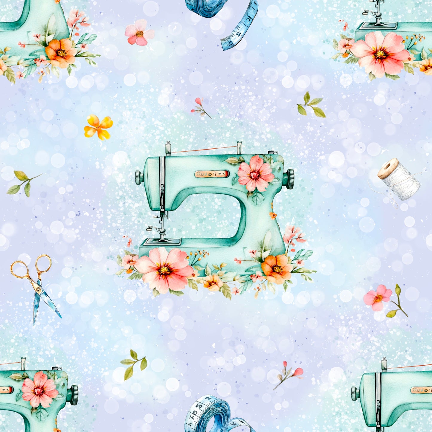 Stoff mit einer Nähmaschine und Blumen, auf einem Lavendel farbigen Hintergrund