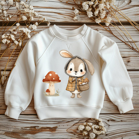 Pilzsammler Hase Bügelbild DTF Transfer – Waldtier Herbst Kinderkleidung Handmade by Kati