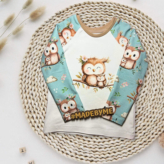 Kinder Raglan Sweatshirt Eule weiß handgemacht French Terry – Handmade by Kati