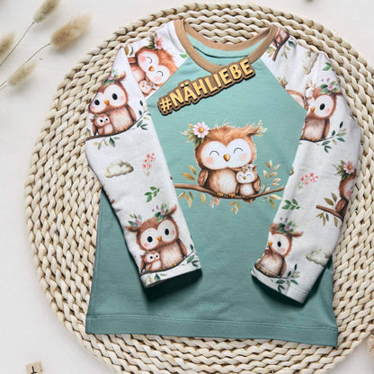 Kinder Raglan Sweatshirt Eule mint handgemacht French Terry – Handmade by Kati