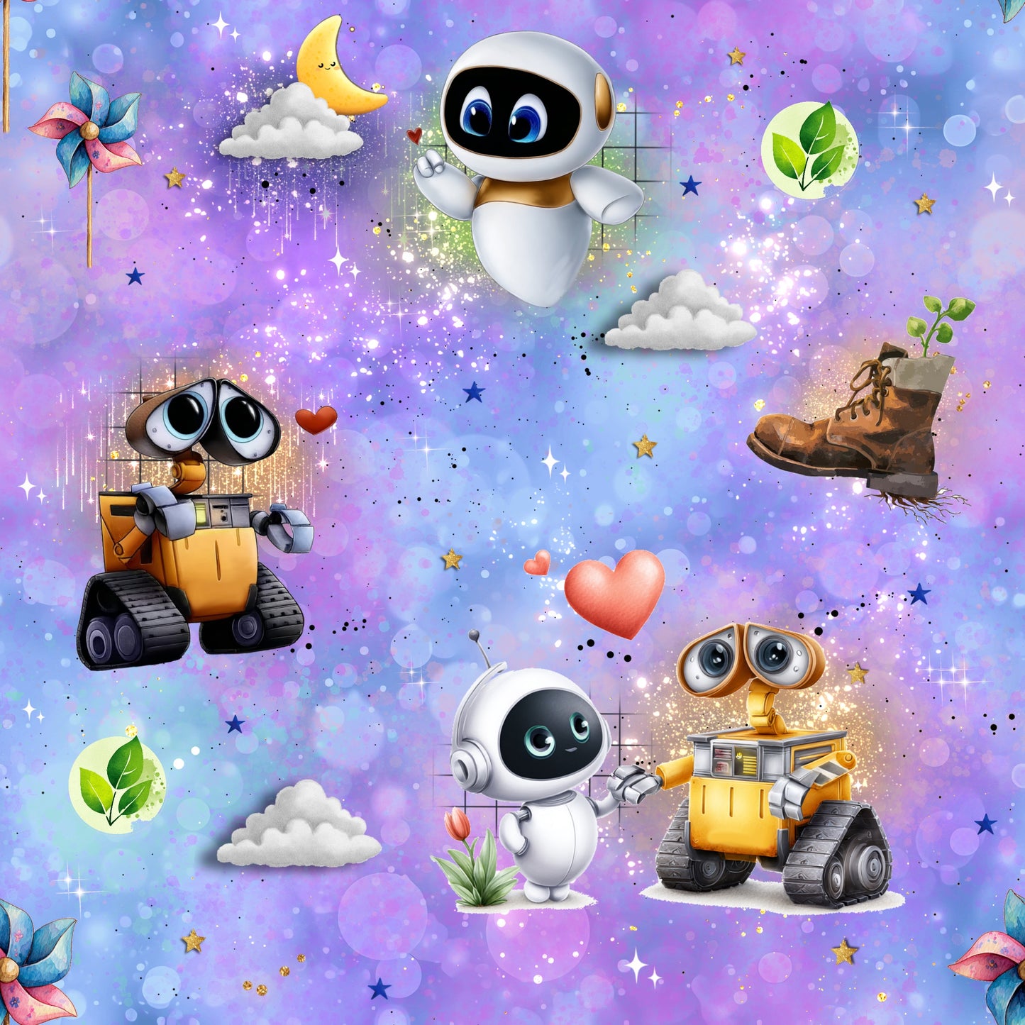 Love in Space Lila | Robot Fabric by the Meter | Children's Fabric