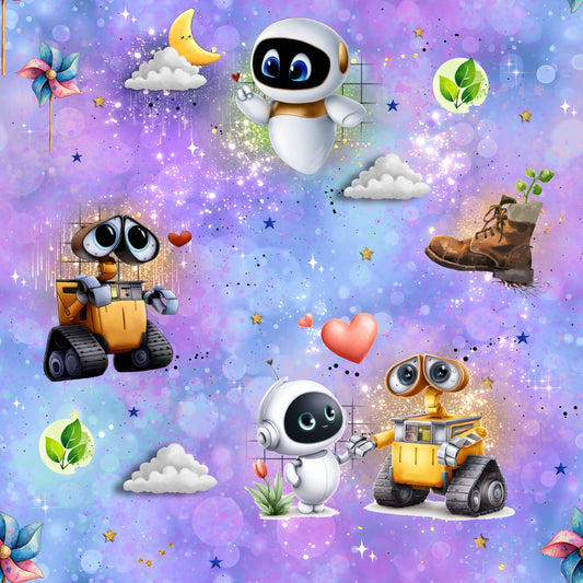 Love in Space Lila | Robot Softshell Fabric by the Meter | Water-Repellent Children's Fabric