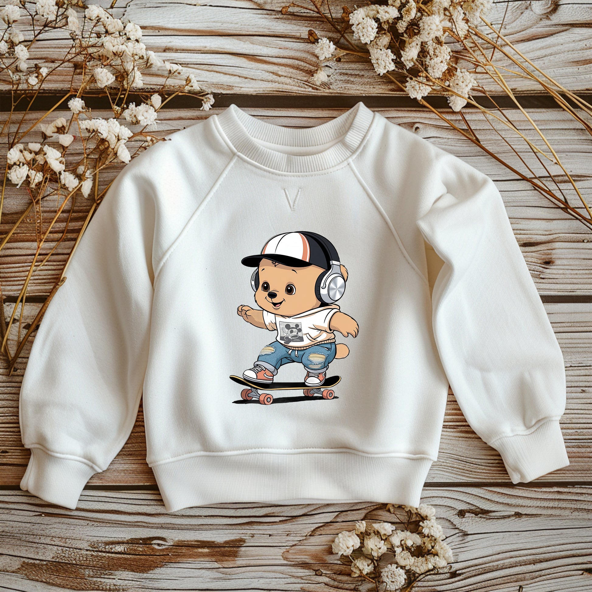 Skater Bär Kopfhörer Bügelbild 10cm – DTF Transfer aufbügeln Kindershirt