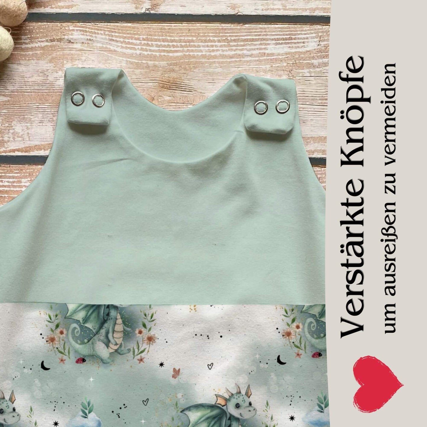 Drache Baby Strampler mint geteilt Vorderansicht – handgemacht Geschenk Geburt