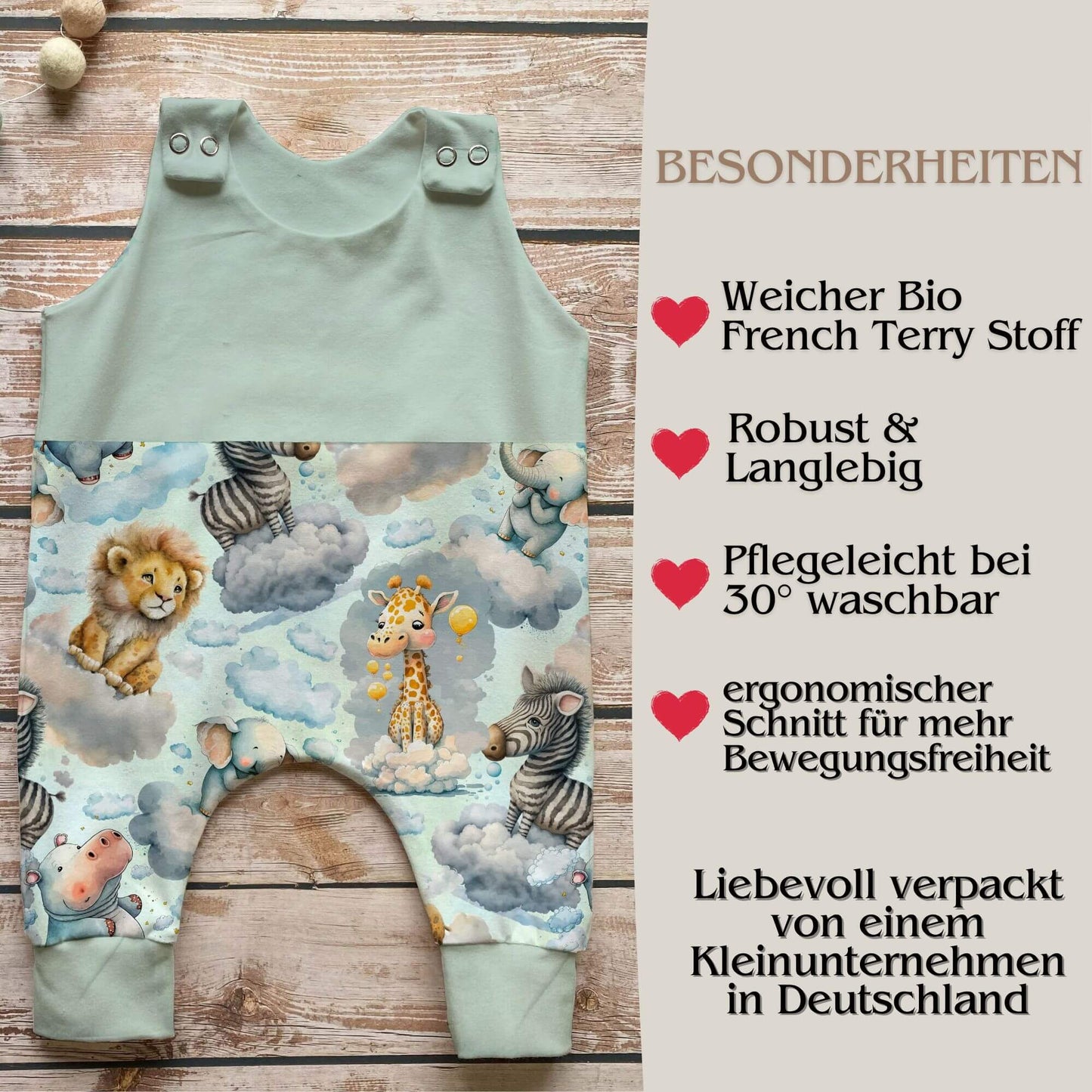 Safari Träume Baby Strampler mint Vorderansicht – handgemacht Geschenk Geburt