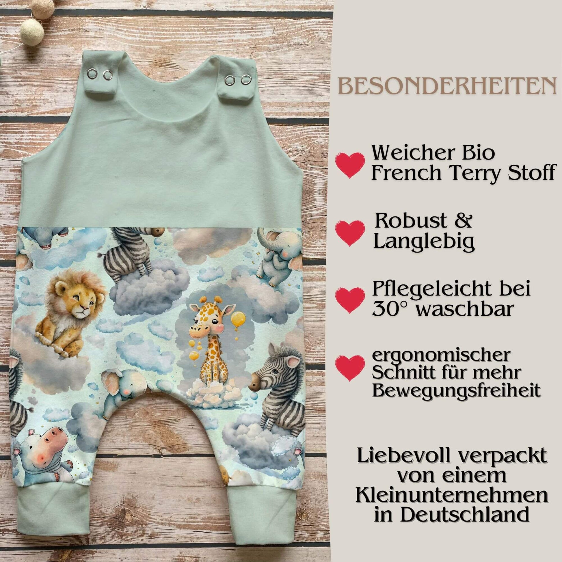 Safari Träume Baby Strampler mint Vorderansicht – handgemacht Geschenk Geburt