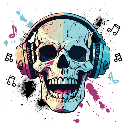 Skull mit Kopfhörer Bügelbild DTF Transfer – Glitzer Applikation Textilien