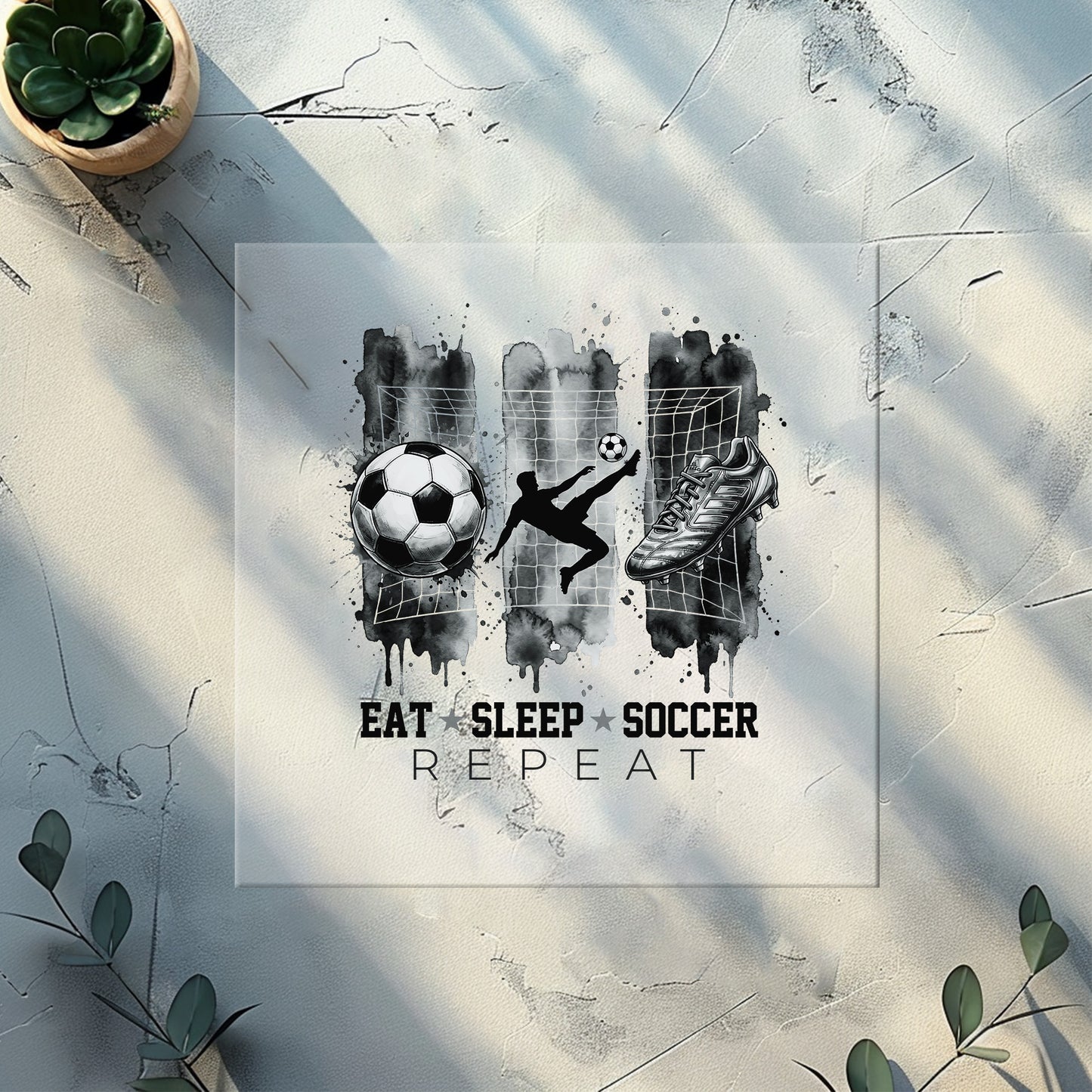 Eat Sleep Soccer Repeat s/w | Fussball Bügelbild für Kleidung & Accessoires