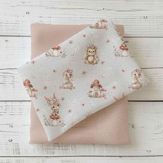 Rabbit on Mushroom House | Animal Fabric by the Meter | Children's Fabric