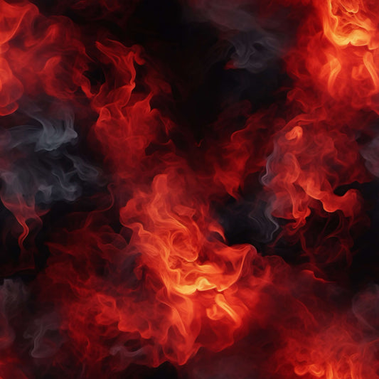 Abstrakter Feuer Stoff mit roten und schwarzen Flammen sowie Rauchoptik – dramatisches Hintergrundmotiv für Jersey und French Terry