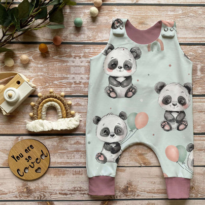 Baby Strampler Panda Set altrosa | handgenäht | Gr. 56–80