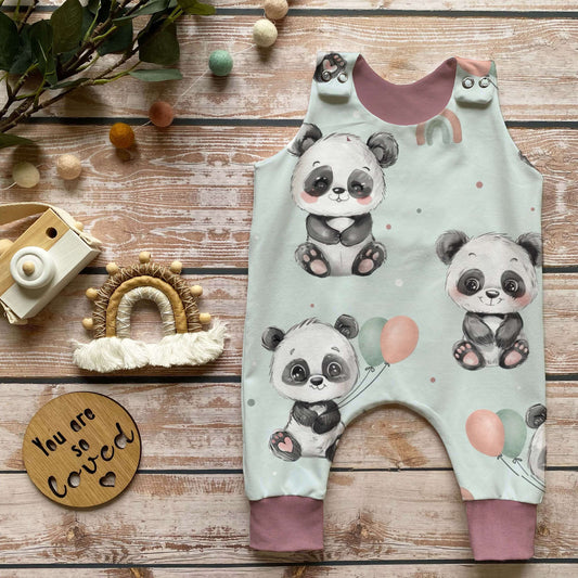 Baby Strampler Panda Set altrosa | handgenäht | Gr. 56–80