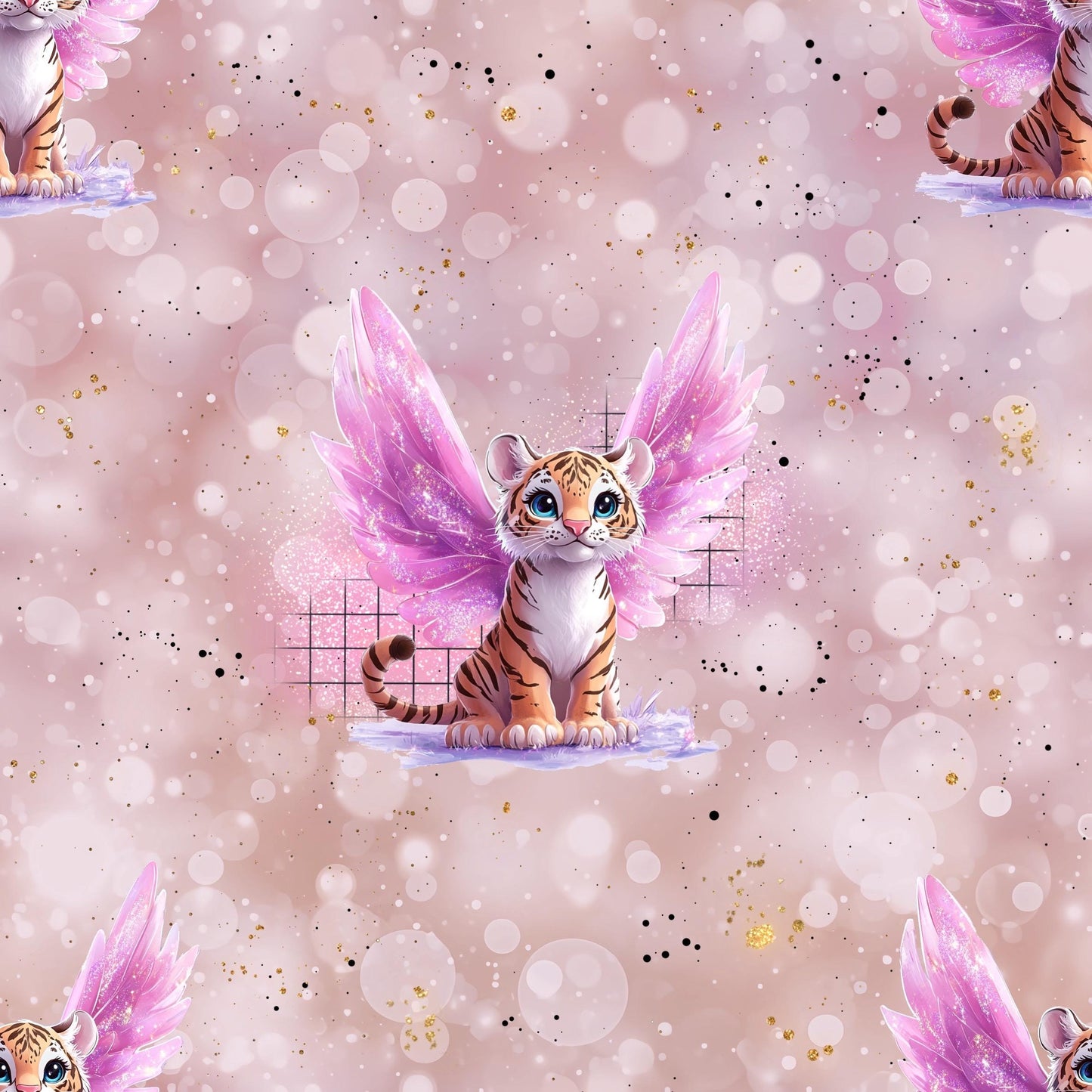 Illustration vom Stoffdesign mit fliegendem Tiger auf rosa Hintergrund