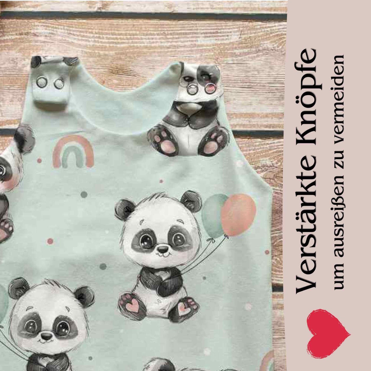 Baby Strampler Panda altrosa Detailaufnahme – French Terry handgemacht personalisierbar