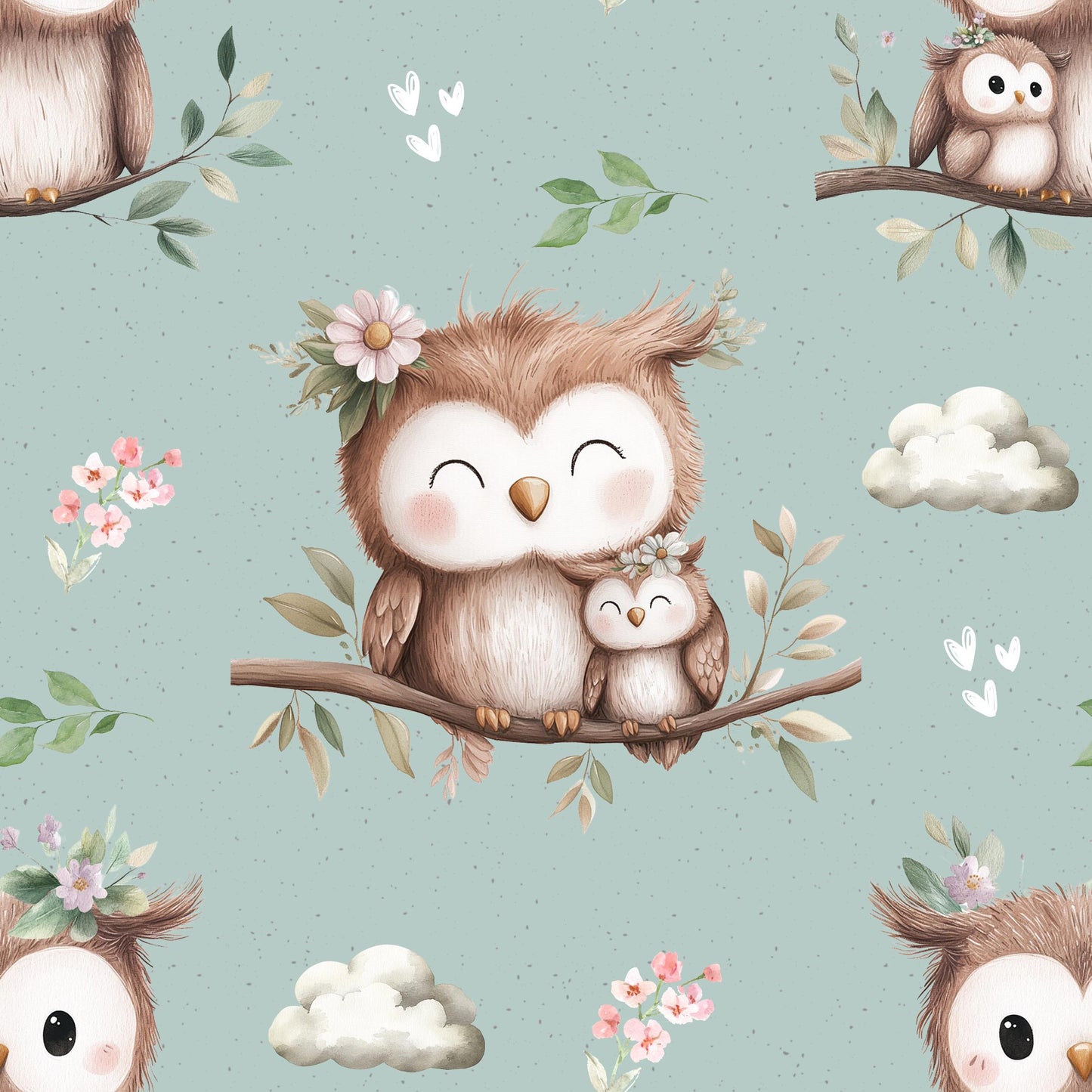 Eule Mint Kinderstoff Meterware – Eulen Jersey French Terry Tiermotiv Handmade by Kati
