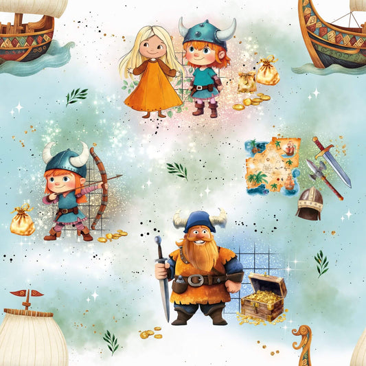 Little Vikings | Viking Softshell Fabric by the Meter | Water-Repellent Children's Fabric