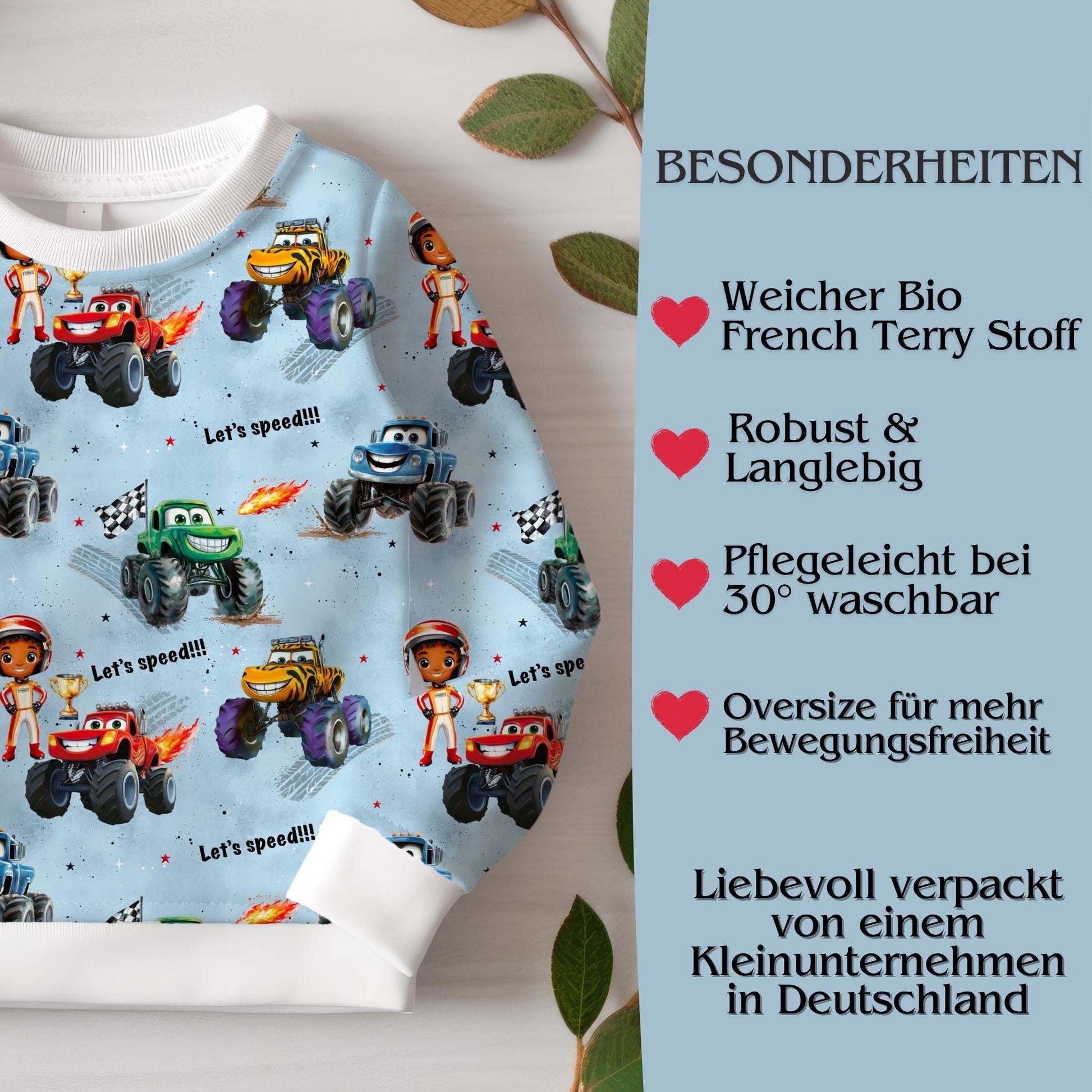 Monstertruck Kinderpullover blau Größe 68-128 – Handmade Sweatshirt French Terry