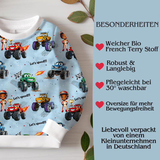 Monstertruck Kinderpullover blau Größe 68-128 – Handmade Sweatshirt French Terry